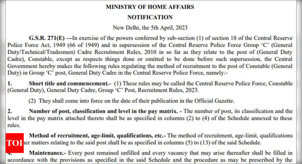 CRPF Constable Recruitment 2023: Notification for 1.30 lakh released, 10% reserved for Agniveers