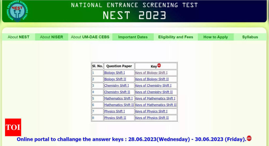 NEST 2023 answer key released on nestexam.in, direct link here