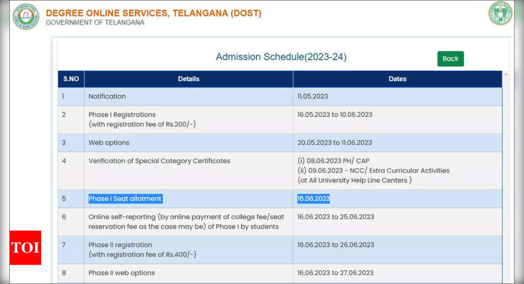 TS DOST 2023 Phase 1 seat allotment result releases today on dost.cgg.gov.in