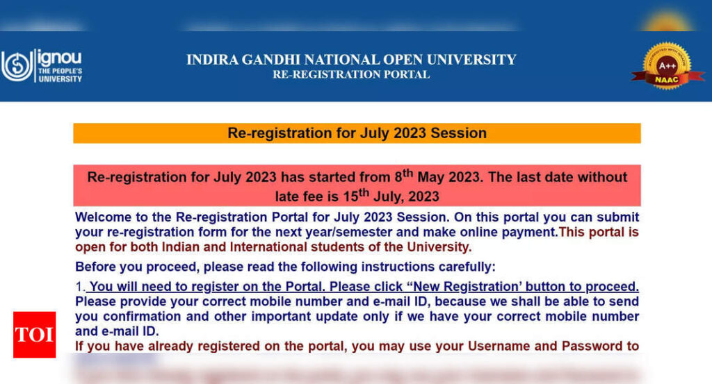 IGNOU July Re-registration 2023 extended, check new dates here