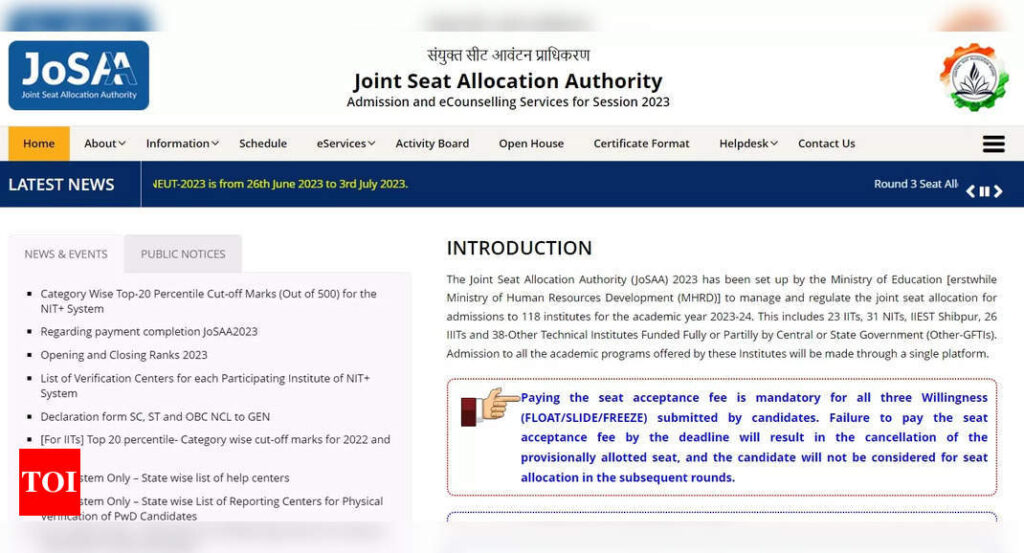 JoSAA Seat Allotment Result 2023 for Round 4 today at josaa.nic.in, details here