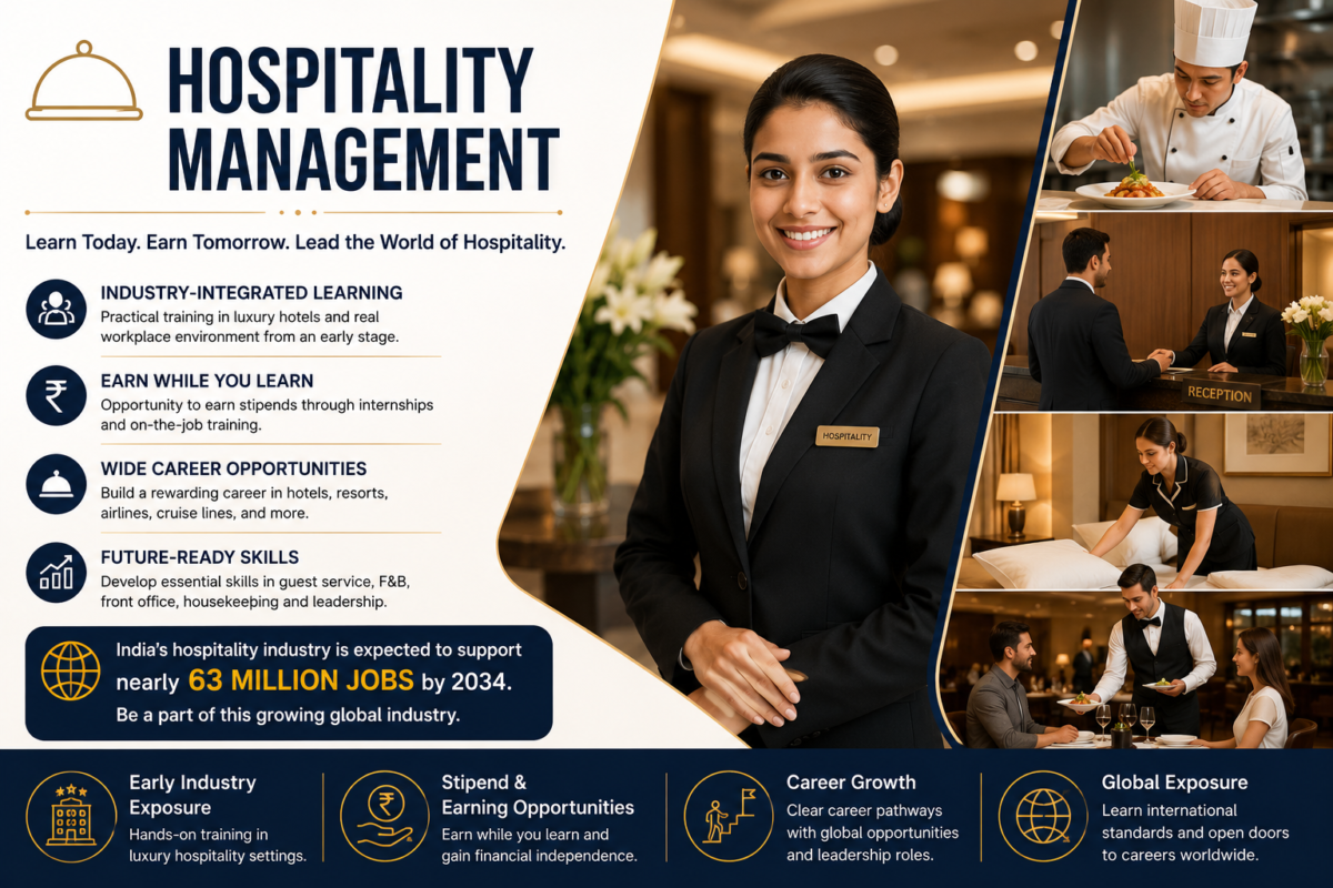 Professional hospitality management training program featuring hotel operations, guest services, food and beverage management, and hands-on industry learning for students.