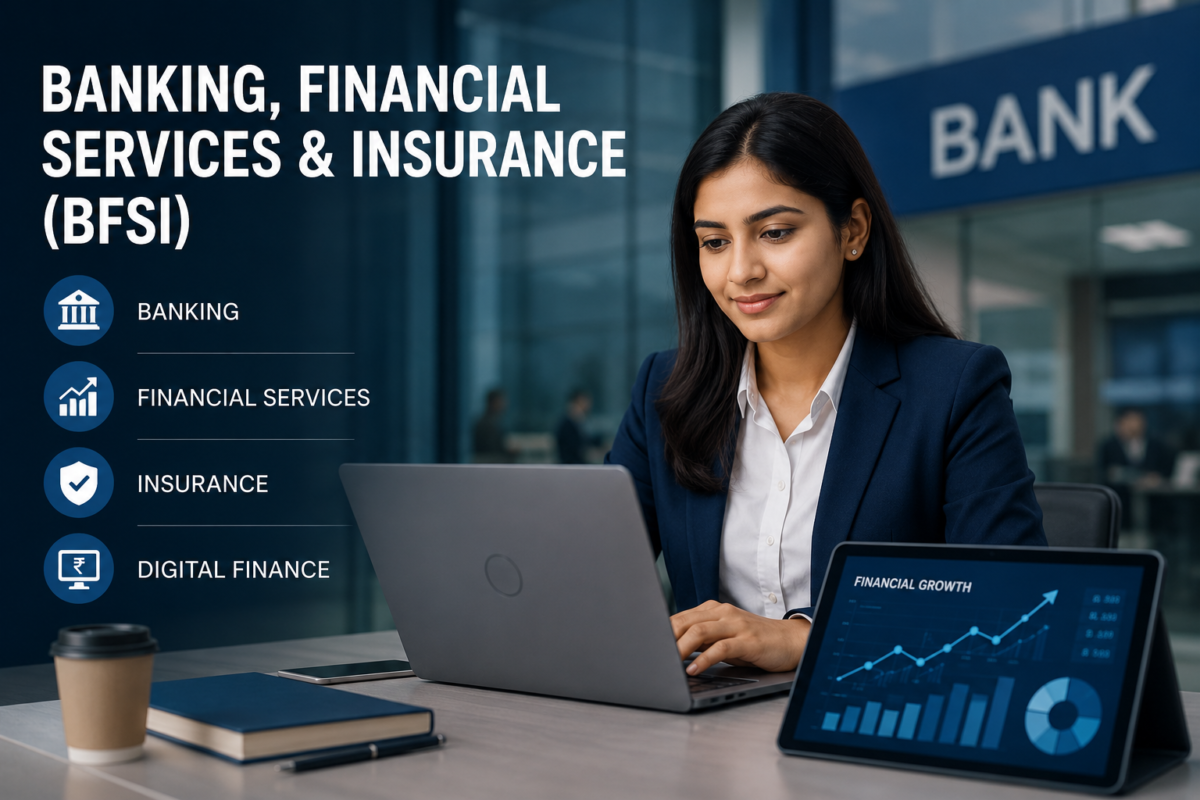 Professional BFSI education and career training showcasing banking operations, financial services, insurance management, digital finance, and industry-ready skills.