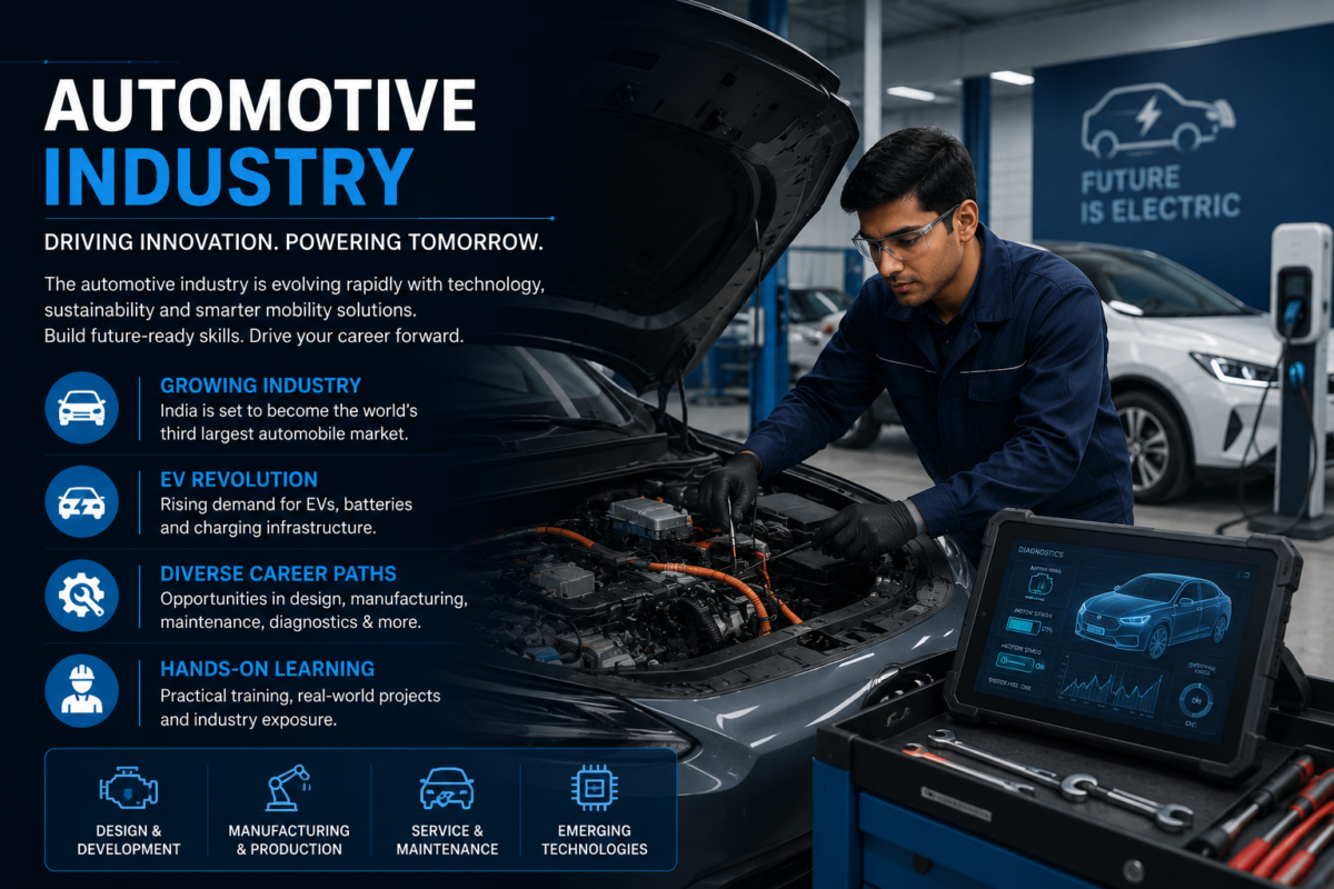 Automotive industry training program featuring electric vehicles, vehicle diagnostics, automotive technology, maintenance, manufacturing, and hands-on technical education.